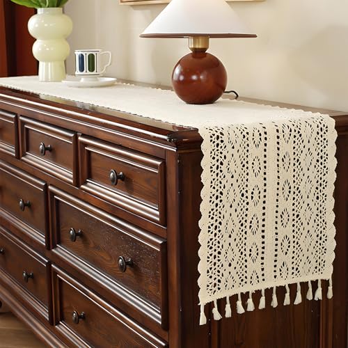 Tischläufer,RoadLoo 30x120cm Beige Makramee Tischläufer Boho Spitze Boho Tischwäsche Langen Quasten Table Runner für Party Hochzeit Esstisch Dekor für Küche Essen Urlaub Party Dekoration Tablerunner
