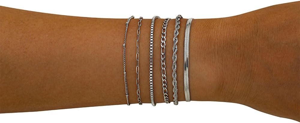 Tornito 6Pcs Gold Bracelets for Women 14K Gold Plated Stainless Steel Chain Bracelets Stackable Paperclip Satellite Figaro Box Rope Herring bone Link Bracelets Jewelry Sets 6.5 Inches Silver Gold Tone - Image 2