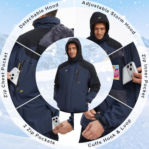QPNGRP Men's Waterproof Ski Snowboard Jacket Winter Windproof Snow Coat Navy-Black X-Large — view 3