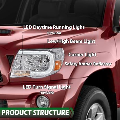 Image of GRAND ORANGE LED DRL Tube Halo Headlights Fit 2005-2011 Toyota Tacoma | Tube projector Headlamps, Left & Right,Clear Lens Chrome Housing Amber Reflector,8115004163, 8111004163, 8115004173