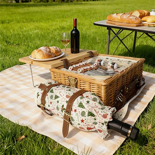 Image of Wicker Picnic Basket Kit Set for 2 Adults with Blanket and Folding Wine Table,Multifunctional Picnic Set Insulated Portable Storage Capacity Full Tablewares,Camping,Outdoor,Wedding Gifts,Beach