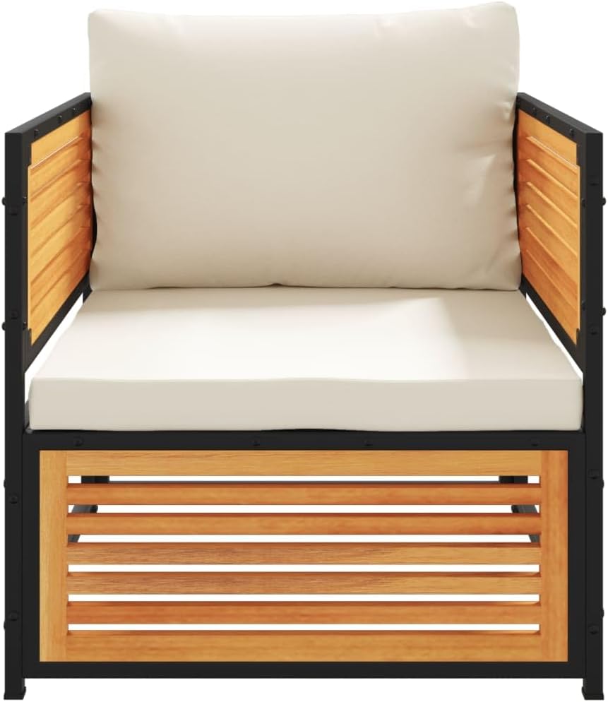Brown Acacia Wood Outdoor Sectional Chair 26.8" Patio Loveseat with Cream Cushion Modular Small Couch Weather Resistant for Garden Balcony Deck