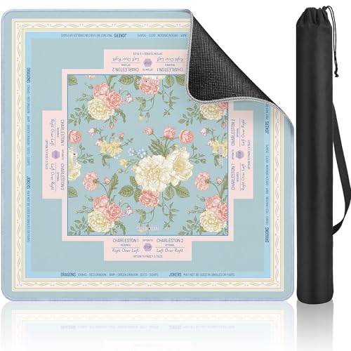 Puresora Mahjong Mat Table with Rules Mah Jong Mat Neoprene Travel Chinoiserie Floral Majong Learning Mat Instructions Mahjong Gifts Women Unique Non-Slip Rubber Pad 31.5 x 31.5 Blue Flower