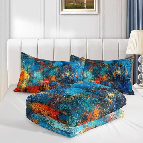 Image of AILONEN Abstract Spectrum Full Comforter Set, Turquoise Orange Artwork Bedroom Ensemble, 3 Piece Microfiber Down Alternative Fill for Adults Apartment Residents
