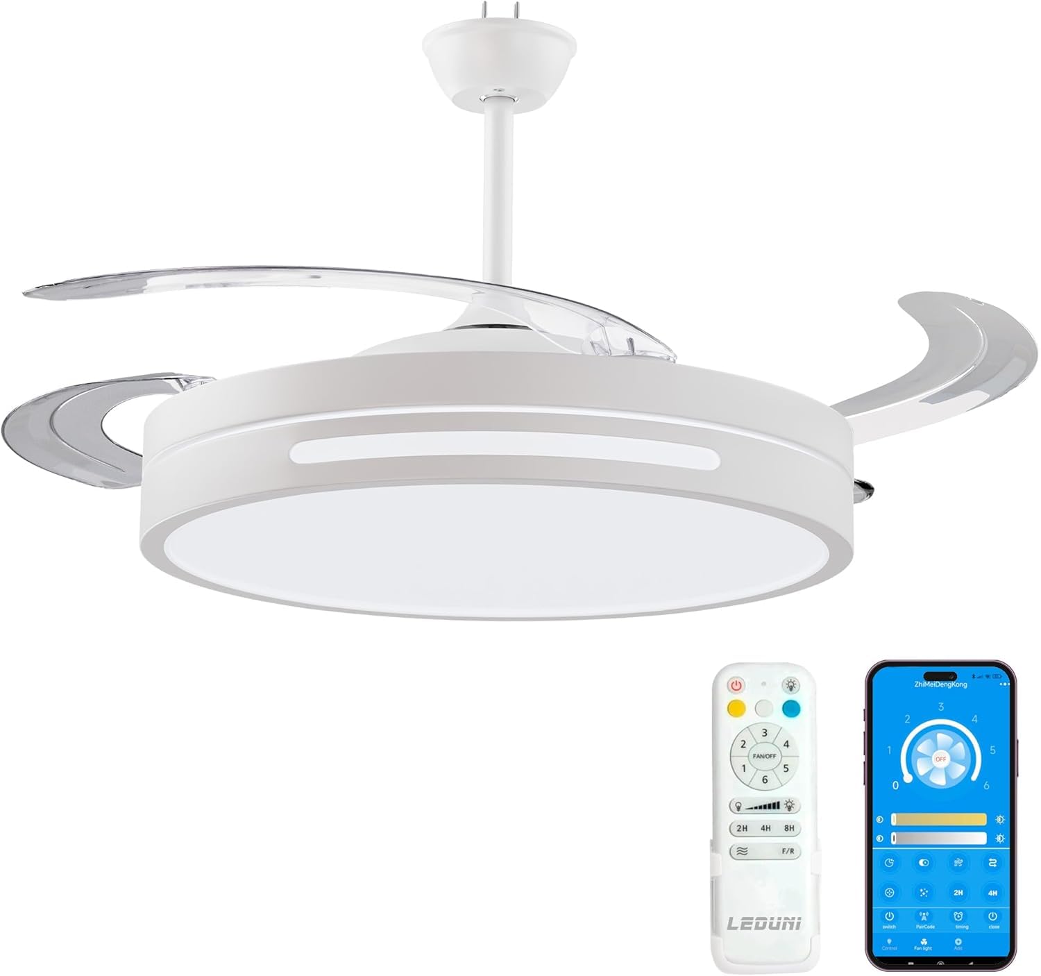 LEDUNI LED Ceiling Fan with Retractable Blades Remote Control, 66W 30W DC Motor+36W Light 2880LM, Integrated Light, White CCT 3000-4000-6000K (Plain White)