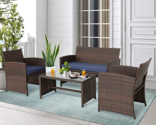 Bptd 4-Pieces Outdoor Furniture Set All Weather Pe Wicker Rattan Chairs Set Conversation Set With Coffee Table And Chair Set For Backyard Garden Porch Poolside (Dark Blue) #TOP1