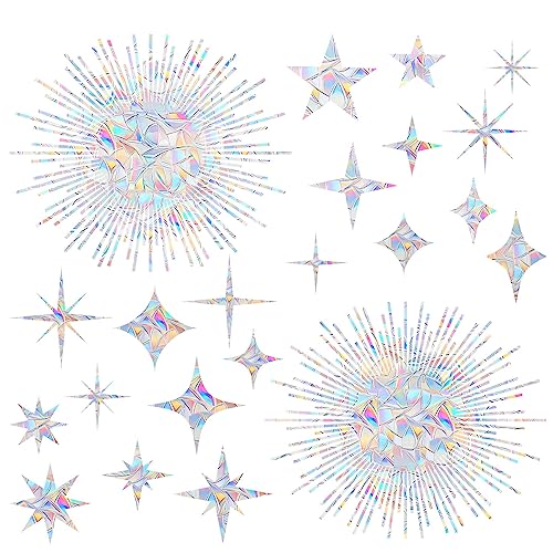 20 Star and 2 Sun Anti-Collision Decals - Non Adhesive Reusable Vinyl Rainbow Stickers to Save Birds from Window Collisions