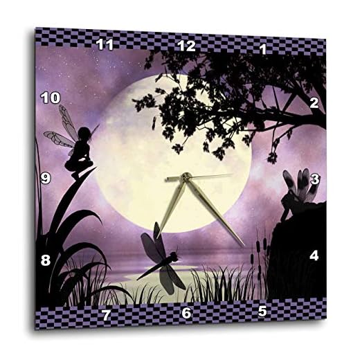 3dRose Fairies and Dragonflies with an Purple Moon Wall Clock, 10 by 10-Inch