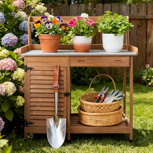 Mayugardening Outdoor Potting Bench with Metal Table Top & Drawer - Heavy Duty Weatherproof Wooden Potting Table with Storage, Garden Work Station, Large Storage Shelf, Tool Hooks