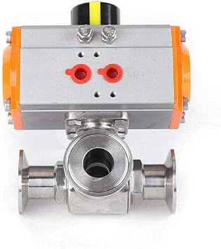 Pneumatic Ball Valve Actuator 304 Food Grade Stainless Steel Sanitary 3 Way T Port Tri-Clamp Pneumatic Actuated Ball Valve PTFE Sealing 1 Inch Port Diameter, 304 Stainless Steel