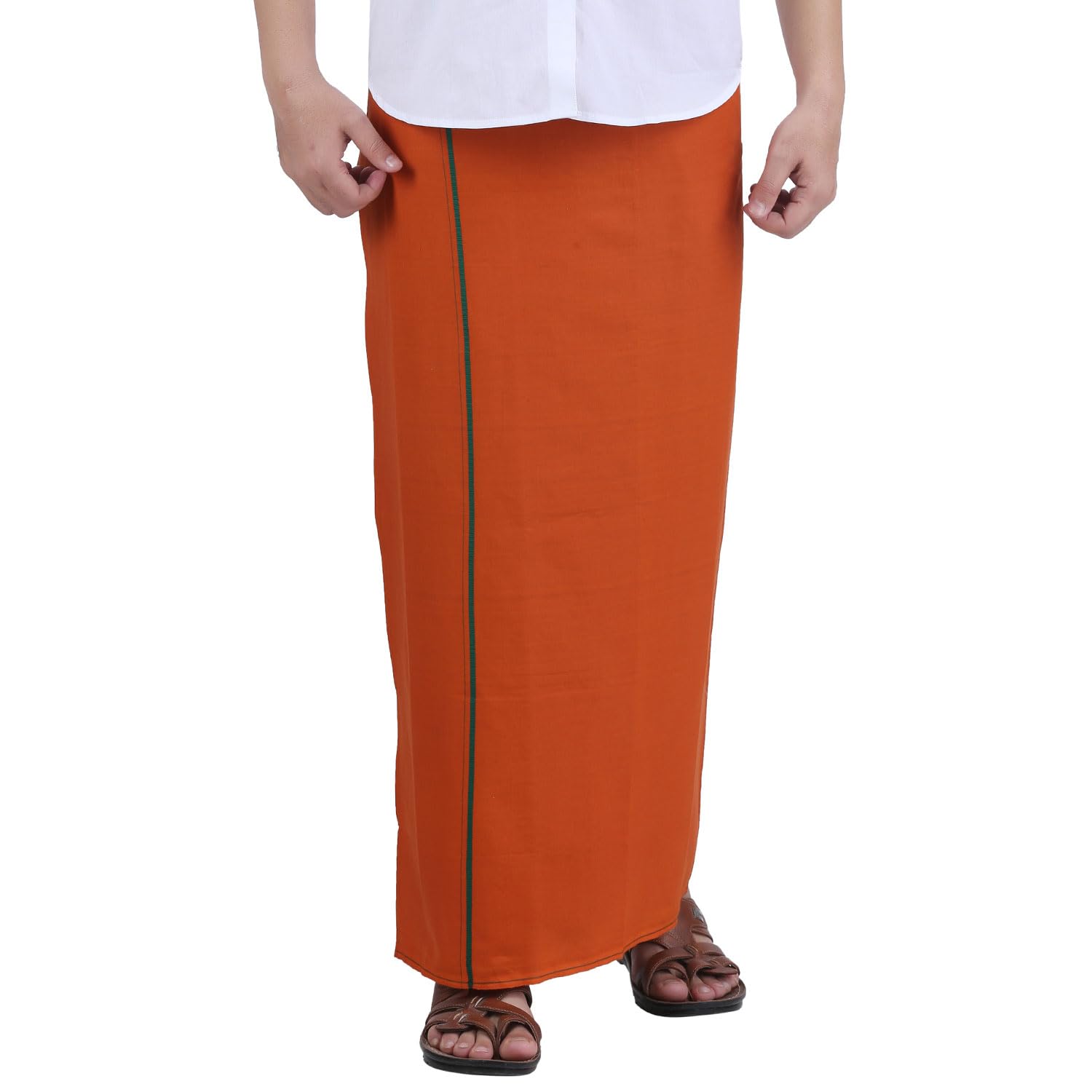 Prakasam Cotton Mens Dark Kaavi Colour Welcro Pocket Single Dhoti (Roja-Dark Kaavi) Size-Medium (Hip Size 34 To 38)