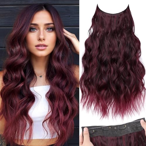 KooKaStyle Wavy Invisible Wire Hair Extensions Ombre Burgundy mix Black 20"