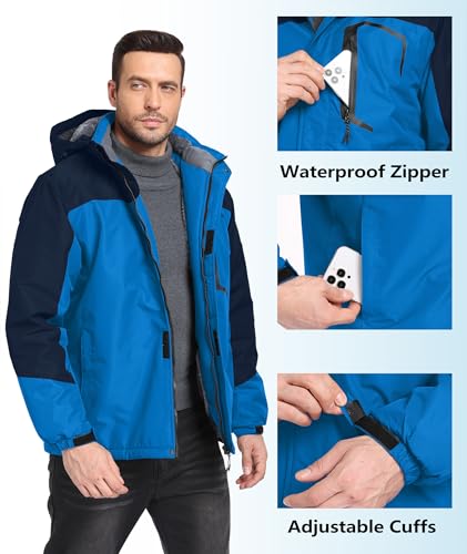 Image of Mens Winter Jackets Waterproof Warm Fleece Ski Jacket with Hood Thermal Windproof Coat Zip Pockets