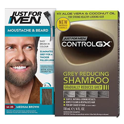 Just For Men Moustache and Beard Medium Brown Dye + Control GX Grey Reducing Shampoo, New Improved Formula - All Shades, 118ml