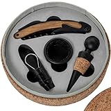 DRW Set mit 4 Weinutensilien in Korkbox in Beige und Schwarz, 15 x 15 x 4,5 cm