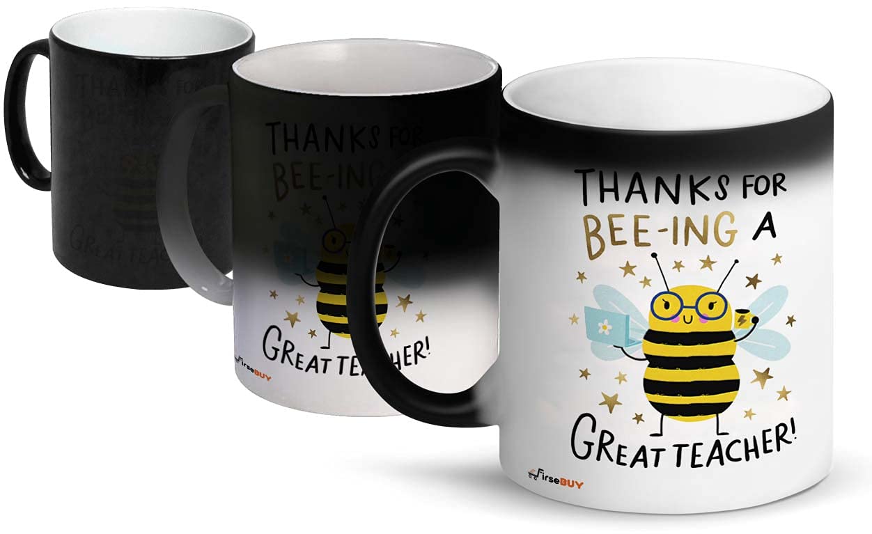 FirseBUY Magic Mug for Teacher, Thanks for Being a Great Teacher Quotes Printed Ceramic Color Changing Coffee Cup Gift for Teacher’s Day, Black 11 Oz