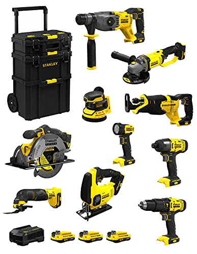STANLEY FatMax Kit SVK1000 (SFMCH900 + SFMCG400 + SFMCD711 + SFMCF800 + SFMCS500 + SFMCS600 + SFMCW220 + SFMCS300 + SFMCE500 + SFMCL020 + 3 Baterías de 2,0 Ah + Cargador + Carro 3en1) Cover