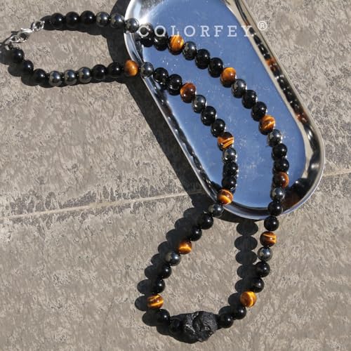 Triple Protection Crystal Necklace for Men, COLORFEY Healing Crystal Tourmaline Necklace Real Tiger Eye Obsidian Hematite Beads Necklace for Men, Premium Mens Beaded Jewelry Gifts for Stress Relief3