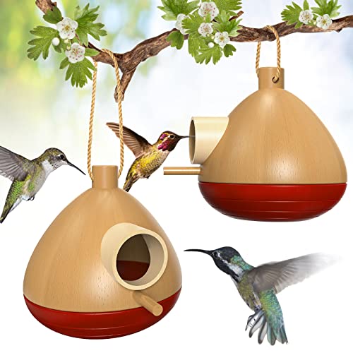 2 Pack Hummingbird House Wooden Humming Bird Houses for Outside Hanging Chickadee Nesting for Indoor Outdoor Courtyard Decoration