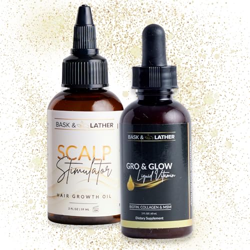 BASK & LATHER Inside-Out Growth Kit - Scalp Stimulator Oil + Gro & Glow Vitamins - Nourish Hair from Inside & Out for Stronger, Thicker, Healthier Growth