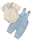 DESIGN MODE : Combinaison pour bébé garçon à imprimé à carreaux, nœud papillon, manches courtes ; Salopette en jean pour bébé garçon avec design à bretelles boutonnées, facile à ajuster et rend votre bébé plus adorable au quotidien