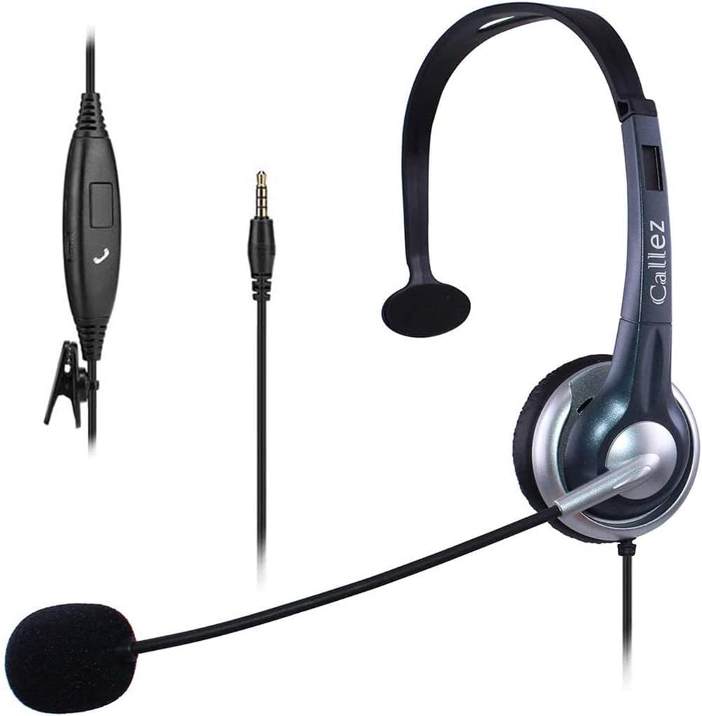 Callez Cell Phone Headset 3.5mm Mono, Wired Trucker Headsets with Noise Canceling Mic for iPhone Samsung Huawei BlackBerry LG Skype Podcast (W300E1)