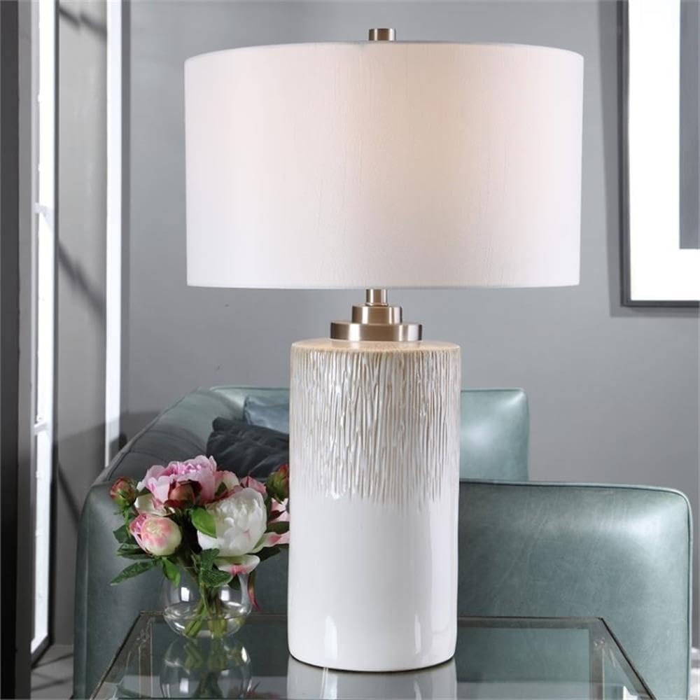 BOWERY HILL Contemporary Cylinder Table Lamp, 28.5 in, Aged White Ceramic Base, Charcoal Flecks and Beige Drip Details, White Linen Shade, Brushed Nickel Hardware, 1-Light Design, Type A Bulb, Home