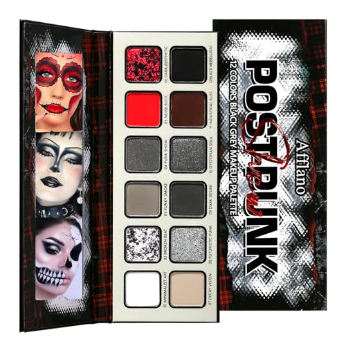 Afflano Palette di ombretti nero bianco grigio bianco bianco nero rosso goth halloween eyeshadow pallet argento glitter rosso palete colorato emo grunge gotico smokey occhi horror vampir zombie trucco