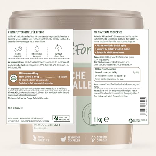 AniForte Afrikanische Teufelskralle für Pferde 1 kg – Natürliches Gelenkpulver für Pferde, Teufelskrallepulver für Gelenke, Sehnen & Bänder, für Agilität