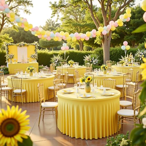 12 Pack Yellow Table Cloth for 5FT Round Tables, Fitted Spandex 120 inch Round Tablecloth, Wrinkle Free Table Skirt for Receptions Birthday Photography Party Social Events Engagement Party Decor by GALLETY - Used condition - Image 6