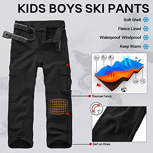 Asfixiado Boys Snow Pants Kids Girls Waterproof Fleece Lined Hiking Outdoor Insulated Ski Warm Elastic Waist Cargo Pants #9020-Black-Xl #TOP3
