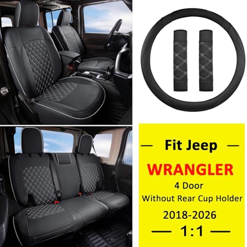 Image of GIANT PANDA Jeep Wrangler 4 Door JL 2018-2026 Full Set Car Seat Covers for Sahara Sport Rubicon Willys Without Rear Cup Holder, Customized Faux Leather - (Black+Gray)