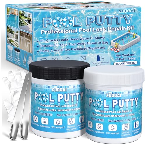 Pool Putty, 17.6oz/500g 2 Part Epoxy Pool Putty for Underwater or Above-Water Crack Leak Filling and Repair, Sealing and Repair of Holes and Damage in Fiberglass, Concrete and Tile Surfaces (White)