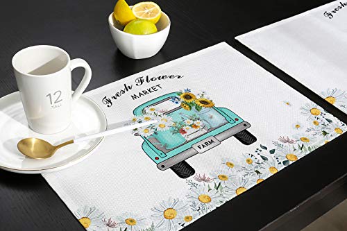 Doremihome Truck Daisy Flower Placemat Set Of 4 Natural Fabric Placemats, Machine Washable, Kitchen Dining Table Mat Burlap Linen Material Wild Floral Fresh Design Farmhouse #TOP4