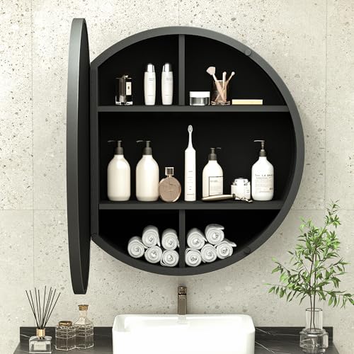 TokeShimi 26 Inch Round Medicine Cabinet for Bathroom with Mirror Black Metal Framed Mirrored Bathroom Cabinet Surface Mount Only Detachable Sheleves Modern Farmhouse Circle Vanity Mirror with Storage