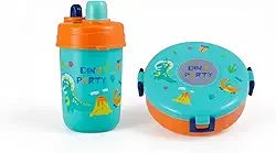Kit Marmita Infantil Dinossauros - Lancheira Grande Talheres e Garrafa 600ml Resistente Com Travas de Segurança Sanduicheira com Compartimentos
