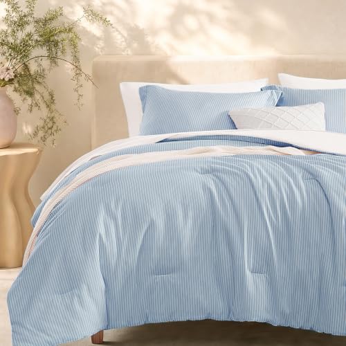 Image of Monbix King Size Comforter Set-7 Pieces Soft Bed in a Bag King Bedding Set | Blue Vertical Ticking Stripe Lightweight All Season Comforter with Sheets, Pillowcases & Shams
