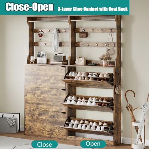 Image of Shoe Cabinet for Entryway with 3 Flip Drawers, Brown Tall Wood Shoe Storage Cabinet with Coat Rack, Narrow Hidden Slim Freestanding Shoe Rack Organizer, 2 in 1 Hall Tree for Living Room, Hallway