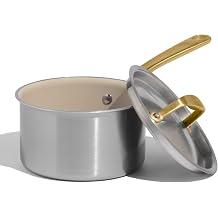 Made In Cookware - 2 QT CeramiClad Non Stick Saucepan with Lid Antique Brass Handle - 5-Ply Stainless Clad with Stay-Cool Handle - Professional Cookware - Crafted in Italy - Induction Compatible