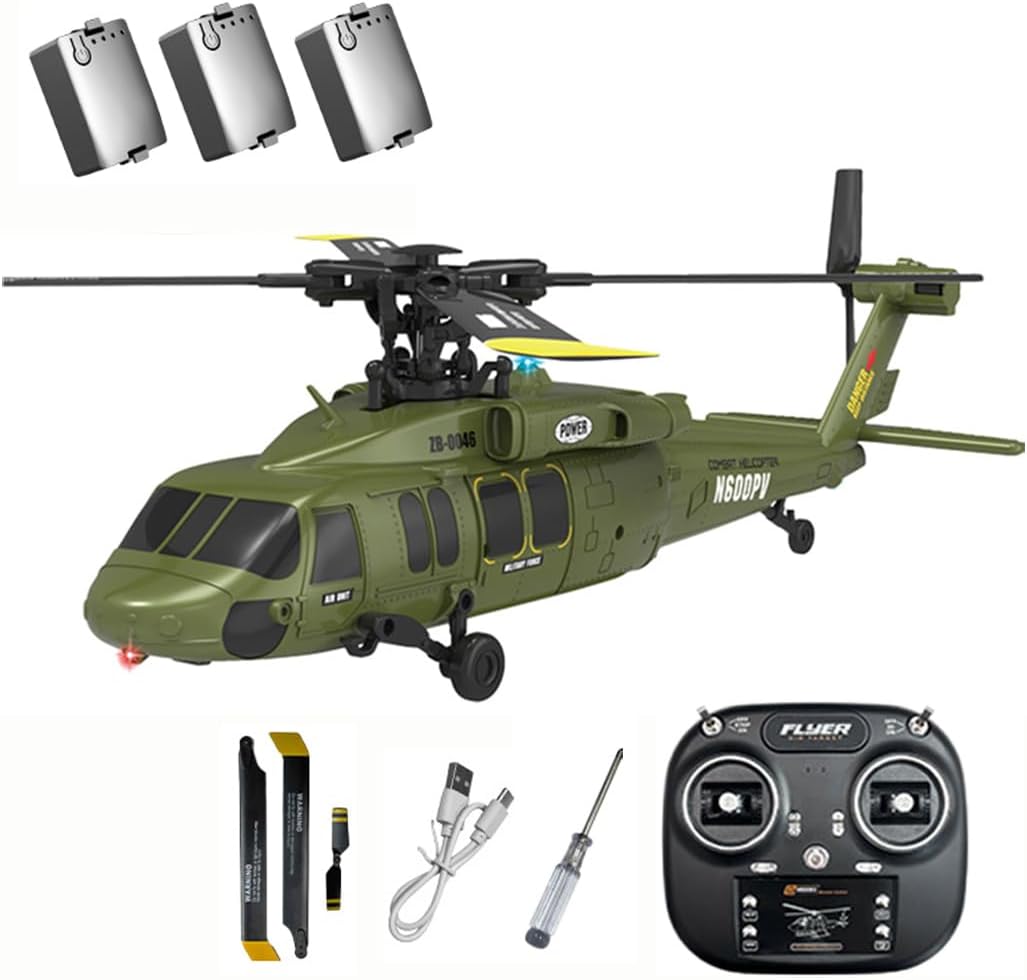 K200 Black-Hawk RC Helicopter, 2.4G 6CH 6-Axis Gyro Brushless RC Helicopter Model with Altitude Hold, Optical Flow & Inverted Flight, Simulation Aircraft Model Toy Gift for Biginner - 3Battery/Green