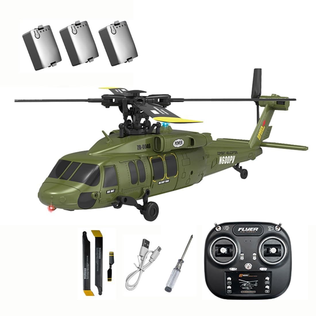 K200 Black Hawk RC Helicopter, 6CH Brushless Remote Control Helicopter Model with Altitude Hold, Optical Flow & Inverted Flight, 6-Axis Gyro Simulation Military Aircraft for Adults (3 Battery/Green)