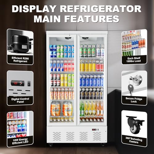 Image of 41.4''W White Commercial Refrigerators, 30.5 Cu.Ft 2 Glass Door Commercial Beverage Refrigerators Upright Display Cooler with LED Light and 10 Adjustable Shelves for Restaurant Stores