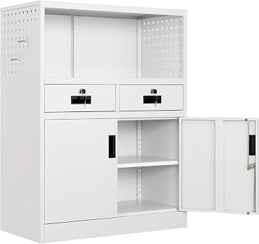 Locking Cabinet with 2 Drawers, Metal Storage Cabinet with Locking Doors and Shelves - 41.3" Steel Lockable Storage Cabinet, Metal Cabinet for Home Office, Garage, School White