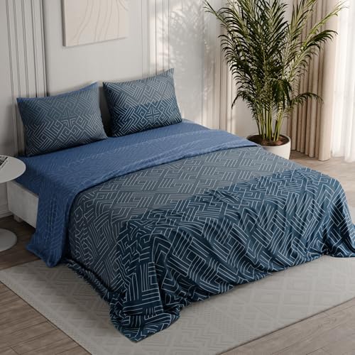 Image of BLISSHOME Everlast 150TC King Size Printed Bedsheet with 2 Pillow Covers for Double Bed, Aesthetic Bedding, Wrinkle Resistant, 100+ Wash Durable, Quick Dry, Geometric Pattern - Teal (228cm x 274cm)