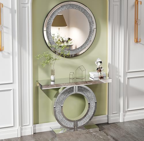 SSLine 2-Piece Set Mirrored Console Table with Wall Mirror, 43" Modern Mirrored Entryway Table with Crystal O-Shape Base, 33.5" Round Crush Diamond Decor Mirror for Entryway Hallway