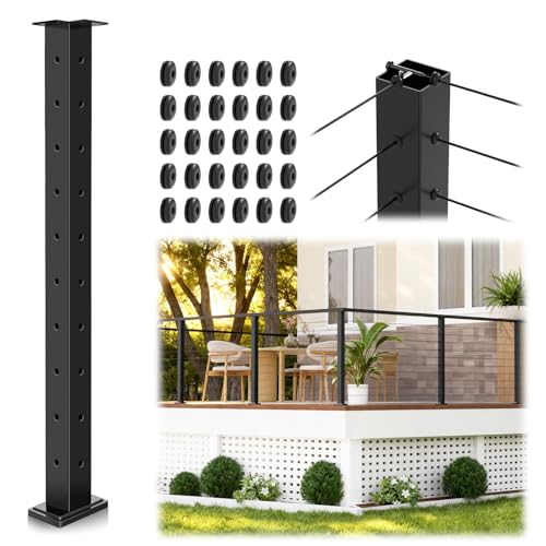 Gyykzz 36" Swageless Cable Railing Corner Post, T-Drilled Three-Side Stainless Steel T304 Corner Rail Post, Upgraded Black One-Post Corner Solution, Wire Metal Post for Indoor Outdoor Corner Railing