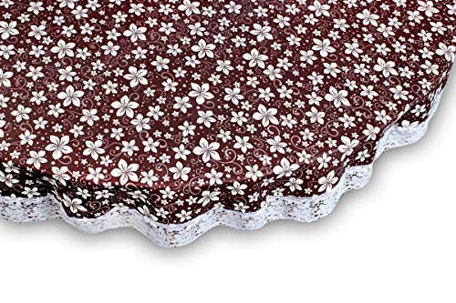 Image of The Furnishing Tree Round Shaped WxL 72x72 Inch 8 Seater Table Cover Floral Pattern Brown White, Waterproof PVC