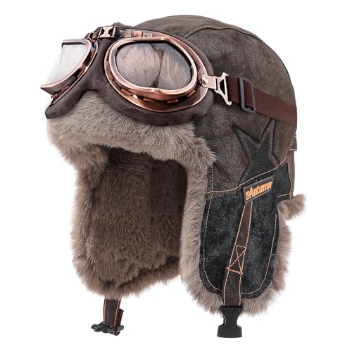 Peicees Aviator Hat and Goggles Pilot Cap with Goggles- Vintage Aviator Costume Winter Trapper Hat with Earflaps Adult Black