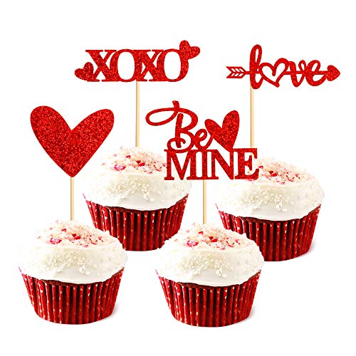 Ercaido 48 Pack Red Glitter Valentine's Day Cupcake Toppers Love Theme be Mine Wedding Engagement Cupcake Picks Bridal Shower Valentine's Party Cake Decorations