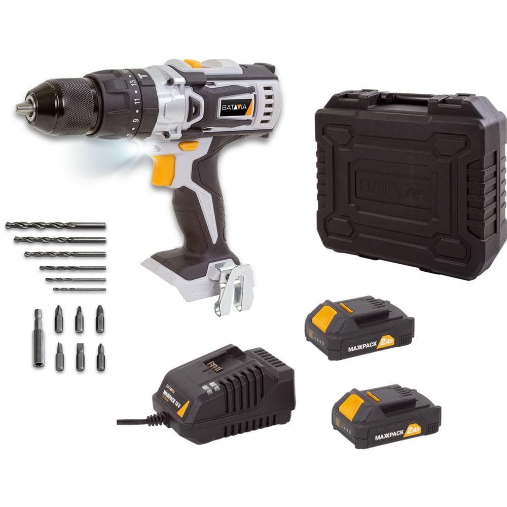 Trapano avvitatore a percussione a batteria, 18 V, con 2 batterie da 2,0 Ah e caricatore rapido
